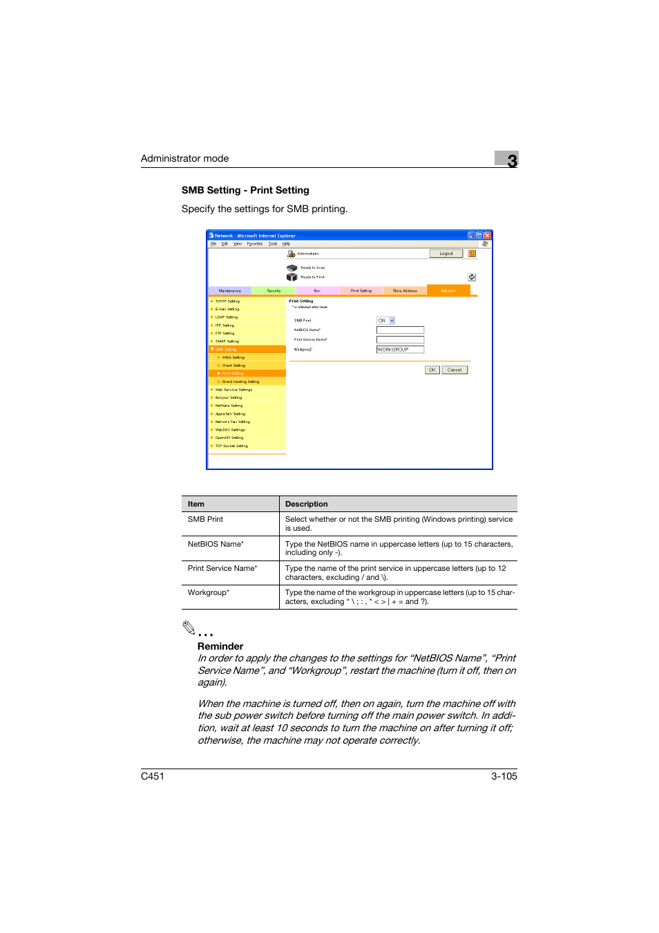 Smb setting - print setting, Smb setting - print setting -105 | Konica Minolta bizhub C451 User Manual | Page 214 / 246