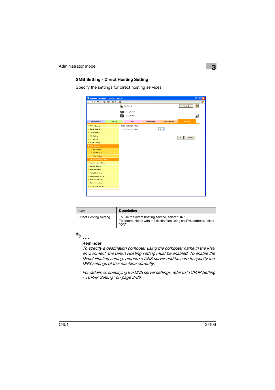 Smb setting - direct hosting setting, Smb setting - direct hosting setting -106 | Konica Minolta bizhub C451 User Manual | Page 215 / 246