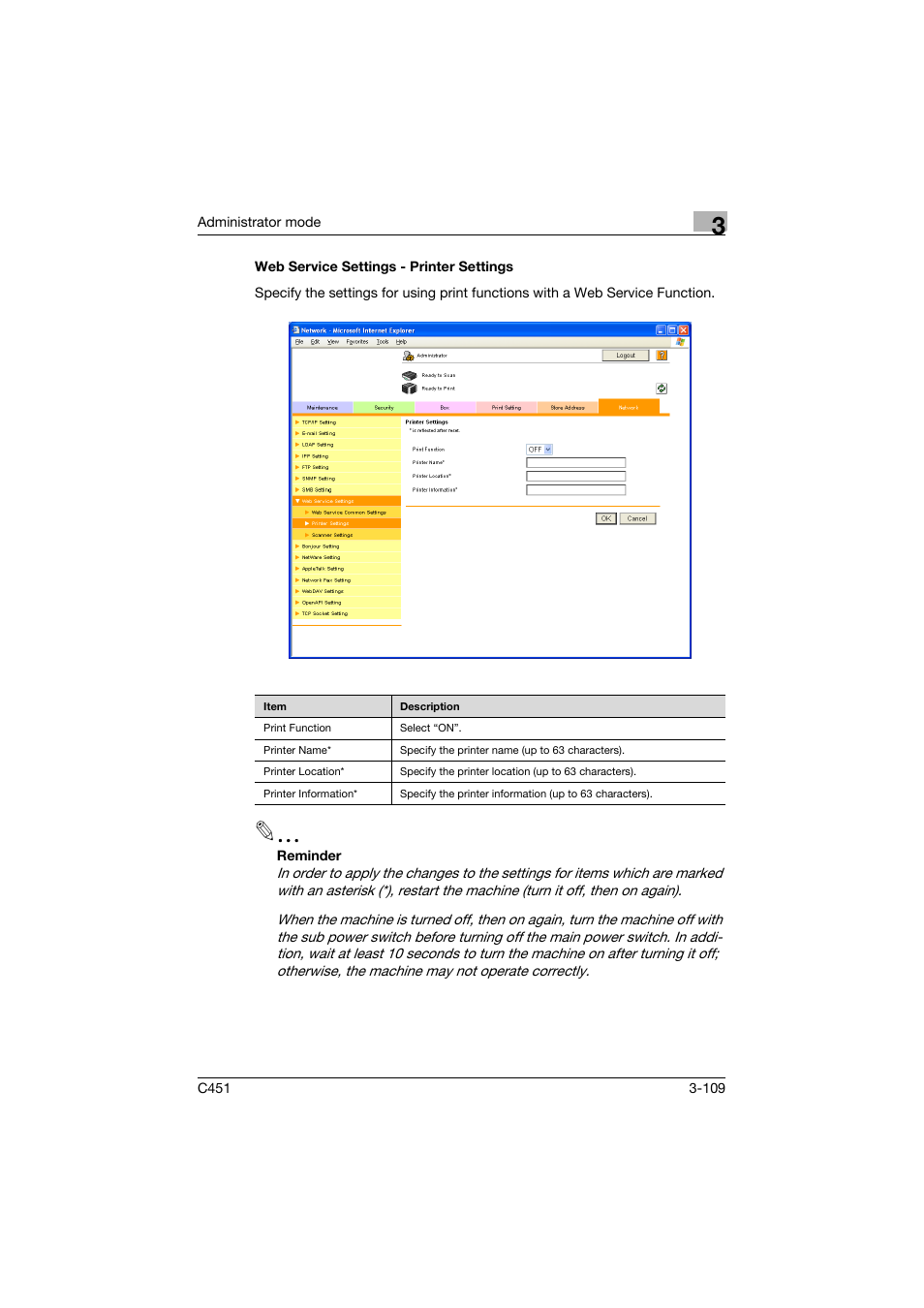 Web service settings - printer settings, Web service settings - printer settings -109 | Konica Minolta bizhub C451 User Manual | Page 218 / 246