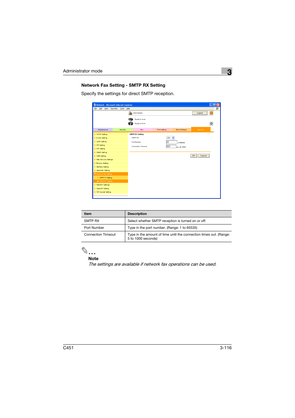 Network fax setting - smtp rx setting, Network fax setting - smtp rx setting -116 | Konica Minolta bizhub C451 User Manual | Page 225 / 246