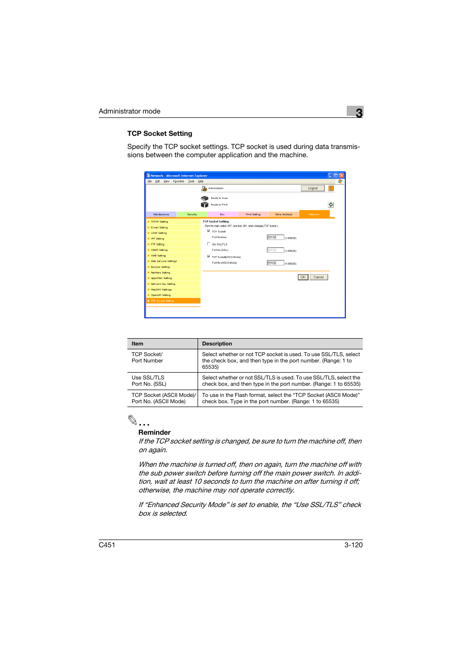Tcp socket setting, Tcp socket setting -120 | Konica Minolta bizhub C451 User Manual | Page 229 / 246