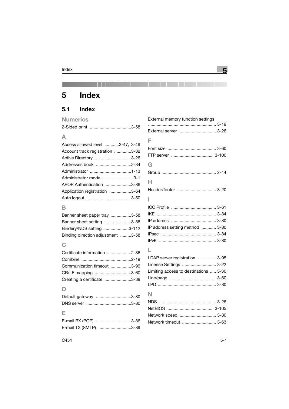 5 index, 1 index, A to n | Index, Index -1, 5index | Konica Minolta bizhub C451 User Manual | Page 244 / 246