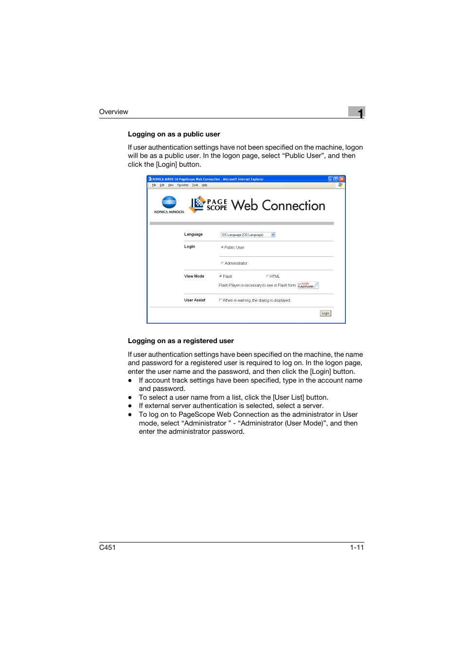 Logging on as a public user, Logging on as a registered user | Konica Minolta bizhub C451 User Manual | Page 32 / 246