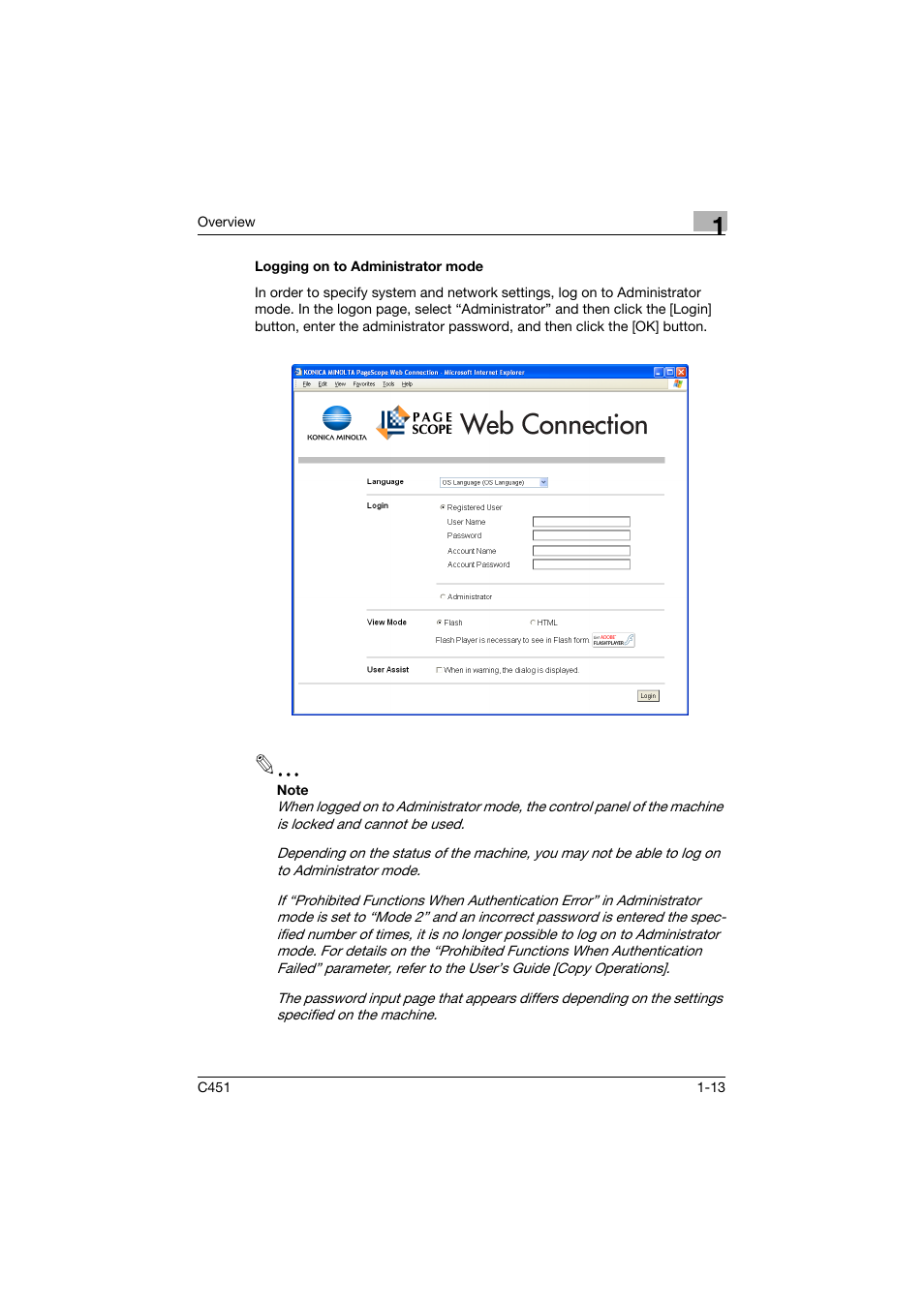 Logging on to administrator mode, Logging on to administrator mode -13 | Konica Minolta bizhub C451 User Manual | Page 34 / 246