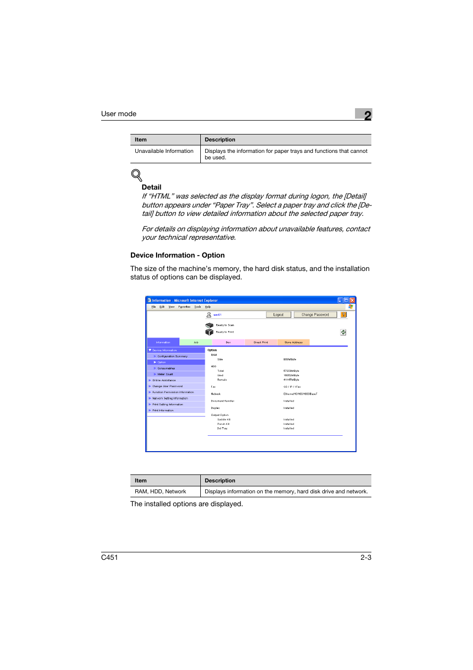 Device information - option, Device information - option -3 | Konica Minolta bizhub C451 User Manual | Page 38 / 246