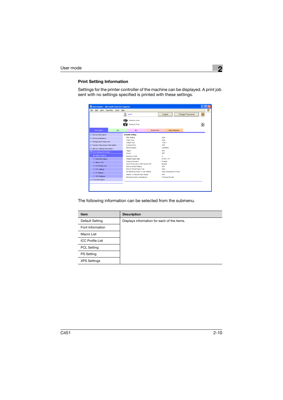 Print setting information, Print setting information -10 | Konica Minolta bizhub C451 User Manual | Page 45 / 246