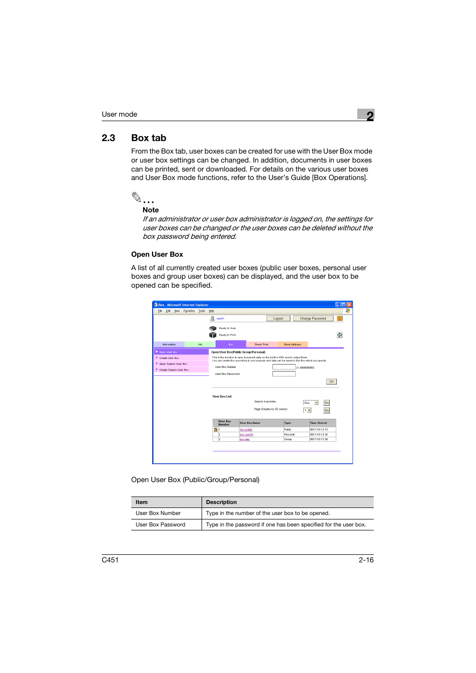 3 box tab, Open user box, Box tab -16 | Open user box -16 | Konica Minolta bizhub C451 User Manual | Page 51 / 246