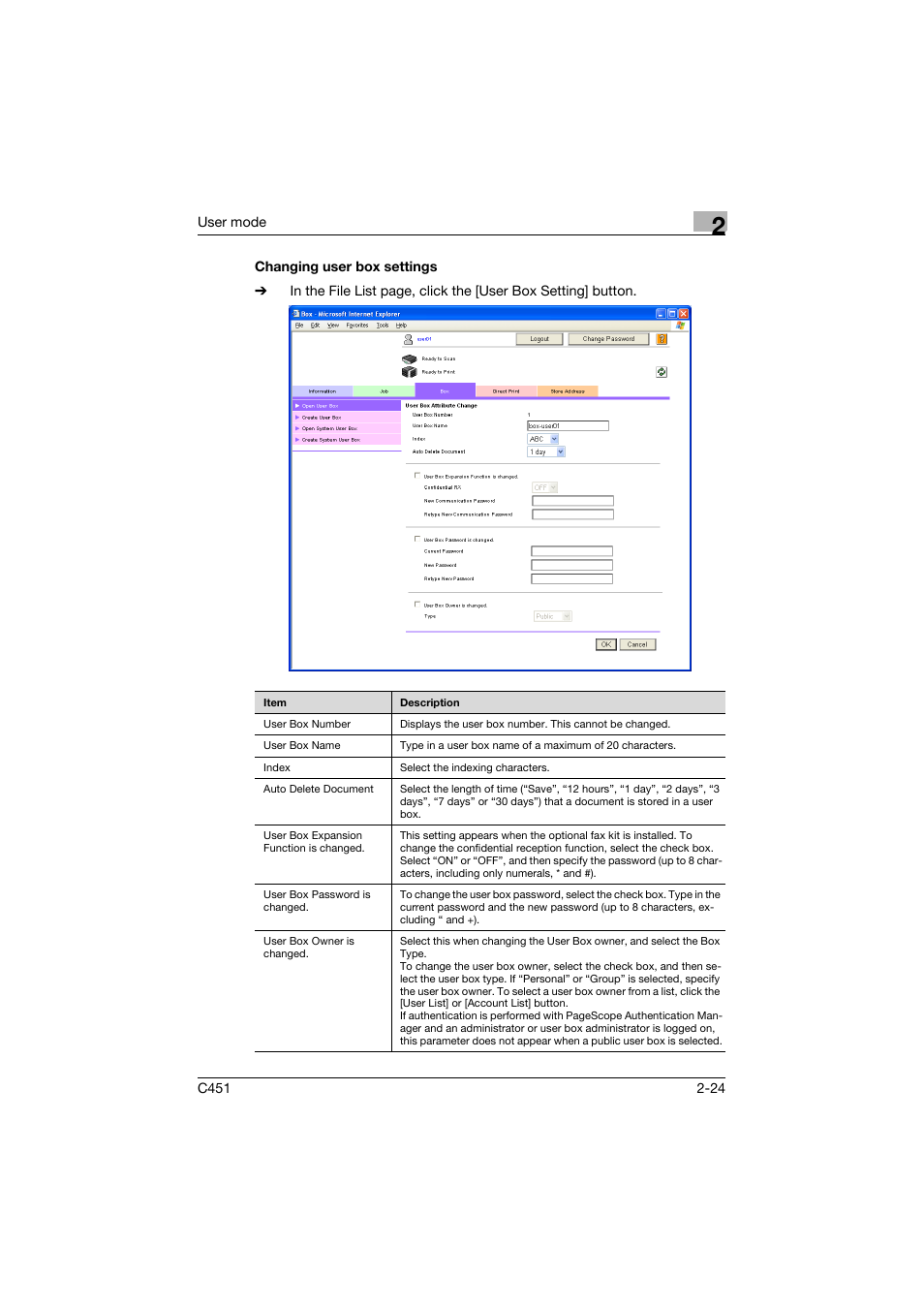 Changing user box settings, Changing user box settings -24 | Konica Minolta bizhub C451 User Manual | Page 59 / 246