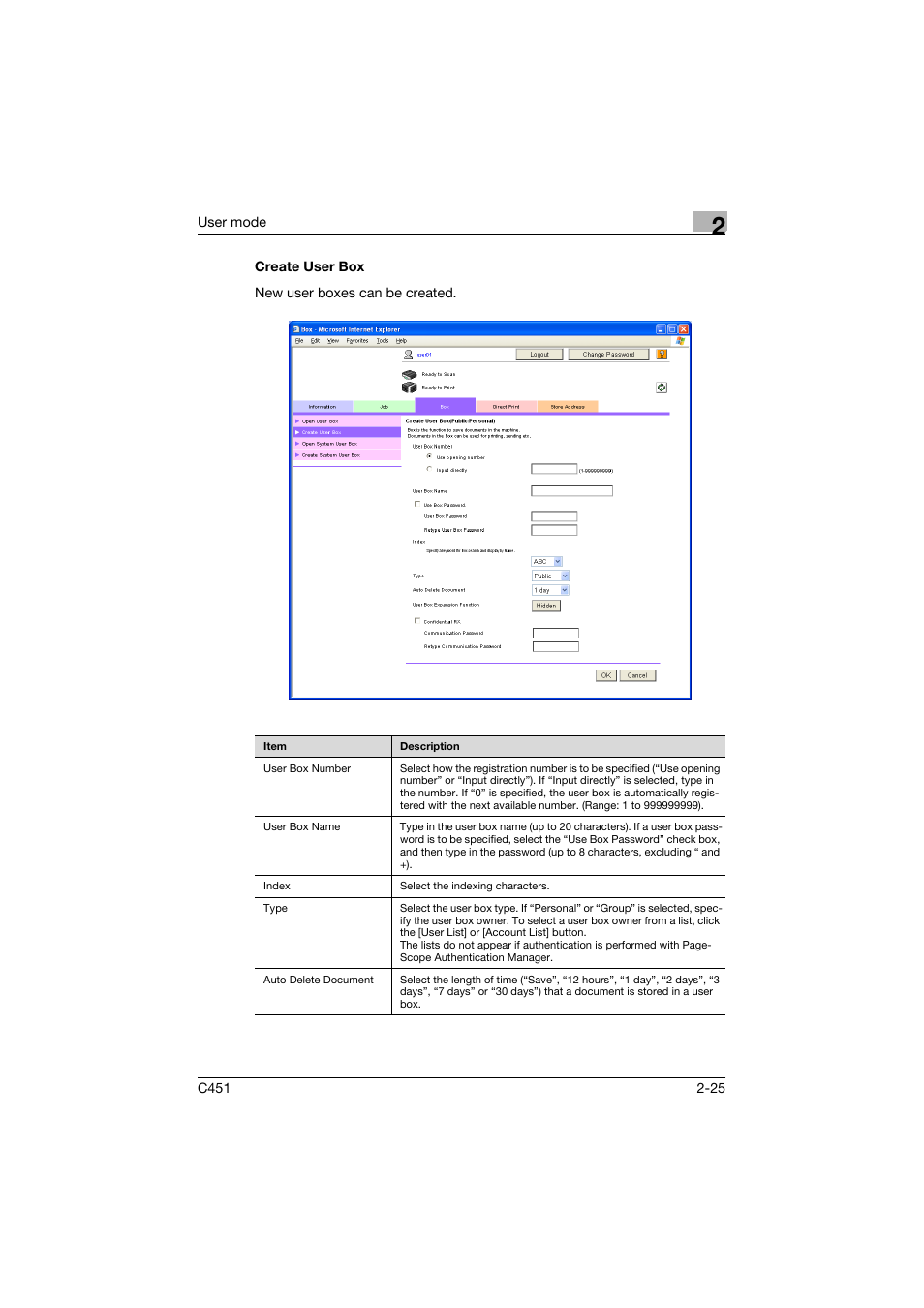 Create user box, Create user box -25 | Konica Minolta bizhub C451 User Manual | Page 60 / 246