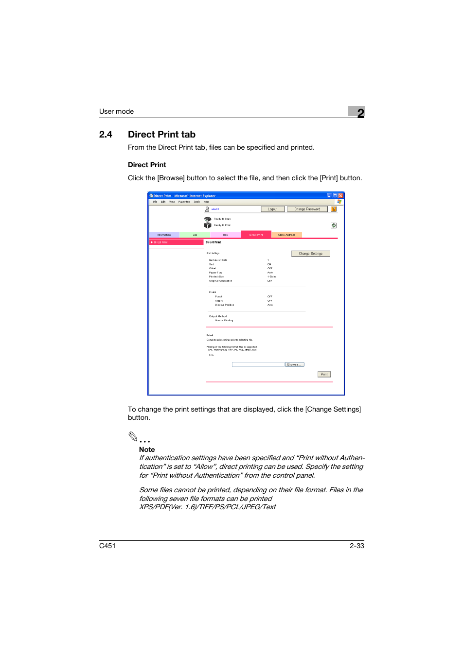 4 direct print tab, Direct print, Direct print tab -33 | Direct print -33 | Konica Minolta bizhub C451 User Manual | Page 68 / 246