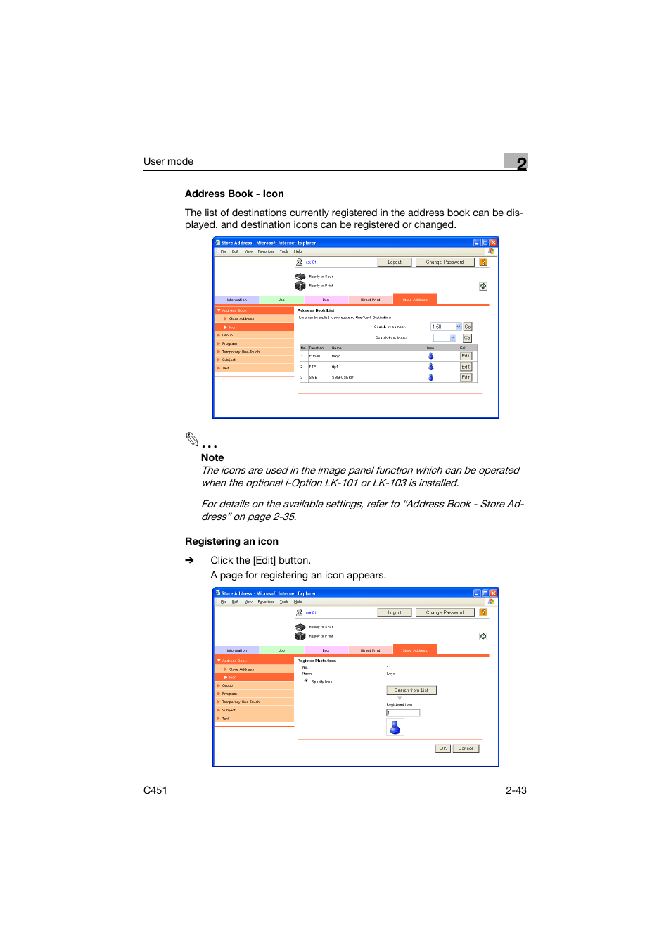 Address book - icon, Registering an icon, Address book - icon -43 registering an icon -43 | Konica Minolta bizhub C451 User Manual | Page 78 / 246