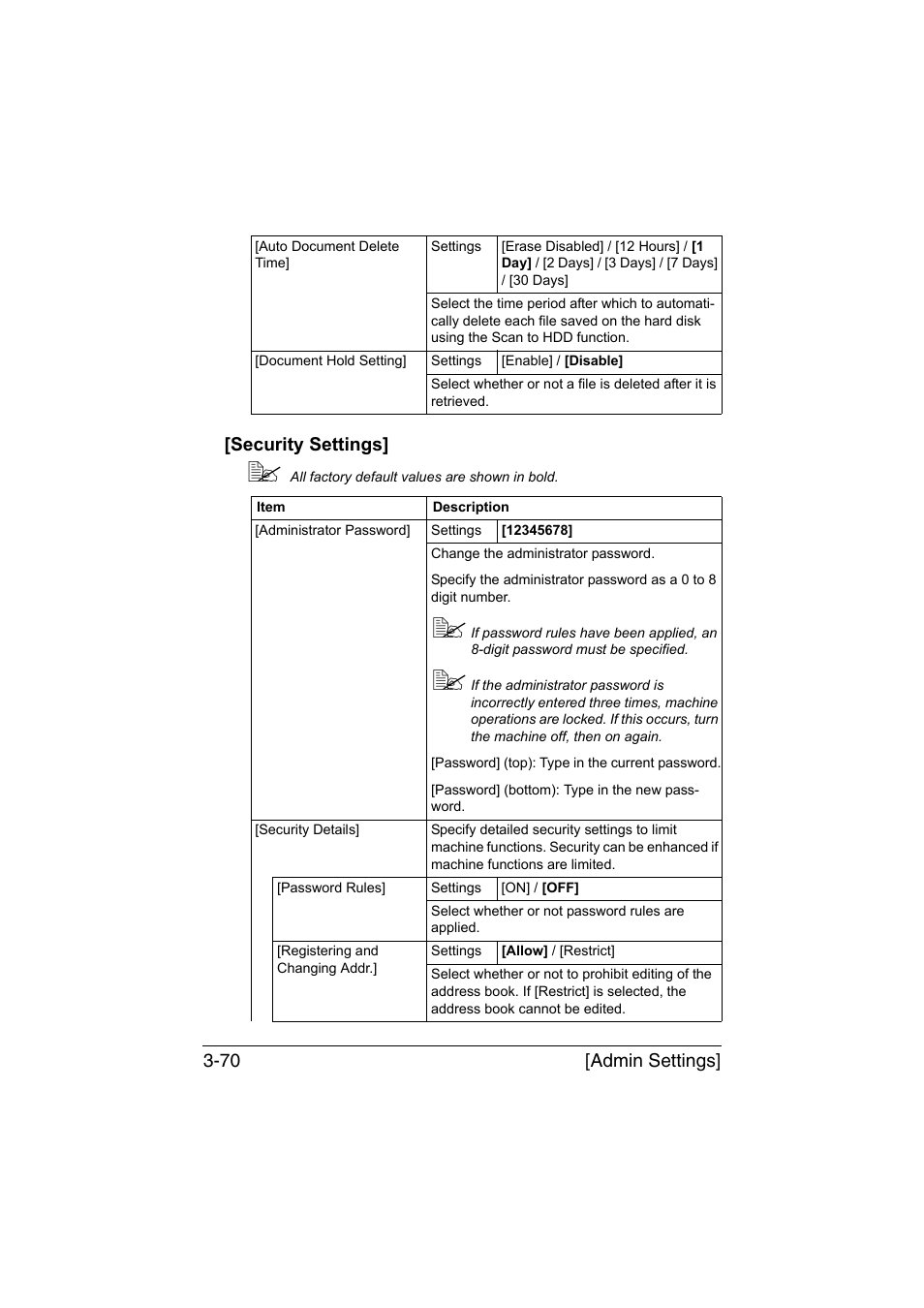 Security settings, Security settings] -70 | Konica Minolta bizhub C35 User Manual | Page 117 / 394