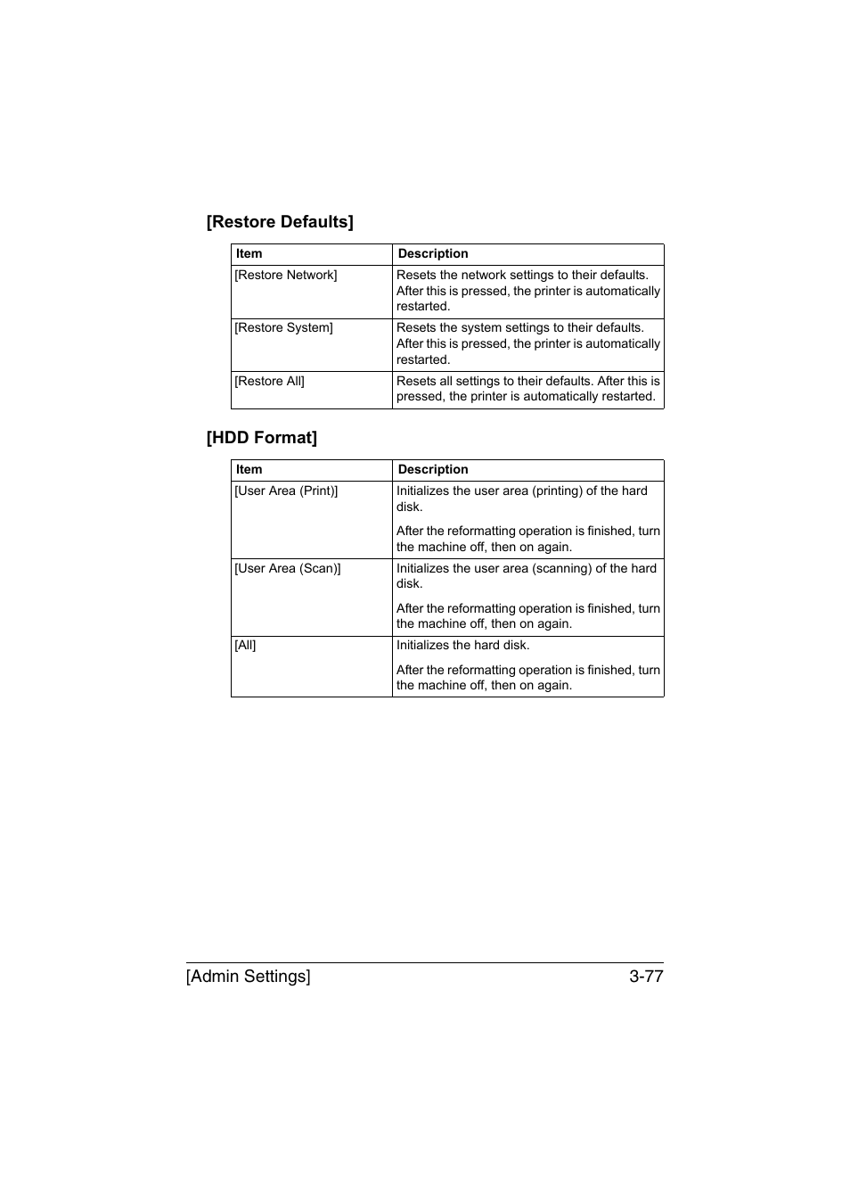 Restore defaults, Hdd format, Restore defaults] -77 [hdd format] -77 | Konica Minolta bizhub C35 User Manual | Page 124 / 394