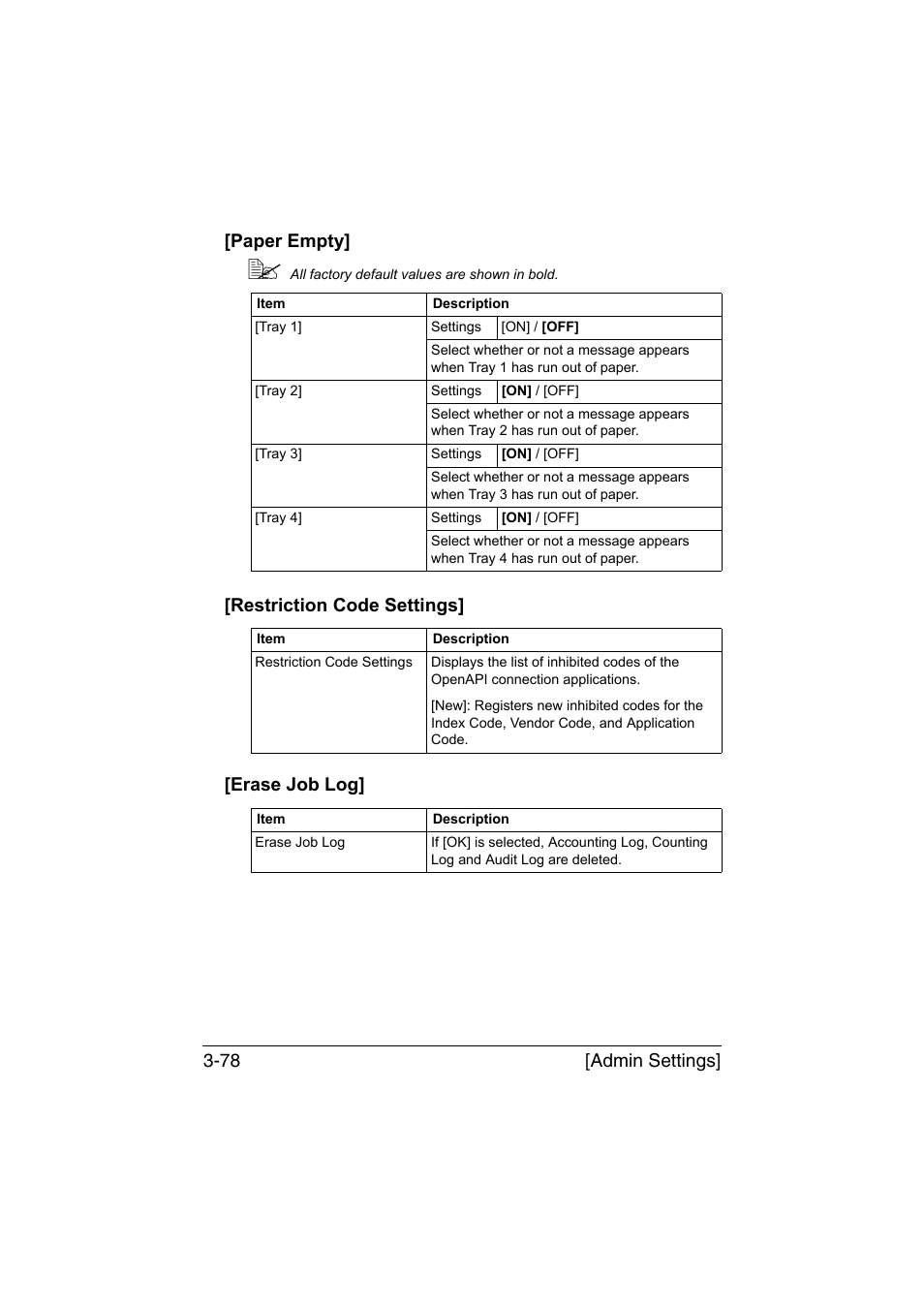 Paper empty, Restriction code settings, Erase job log | Admin settings] 3-78 [paper empty, Restriction code settings] [erase job log | Konica Minolta bizhub C35 User Manual | Page 125 / 394