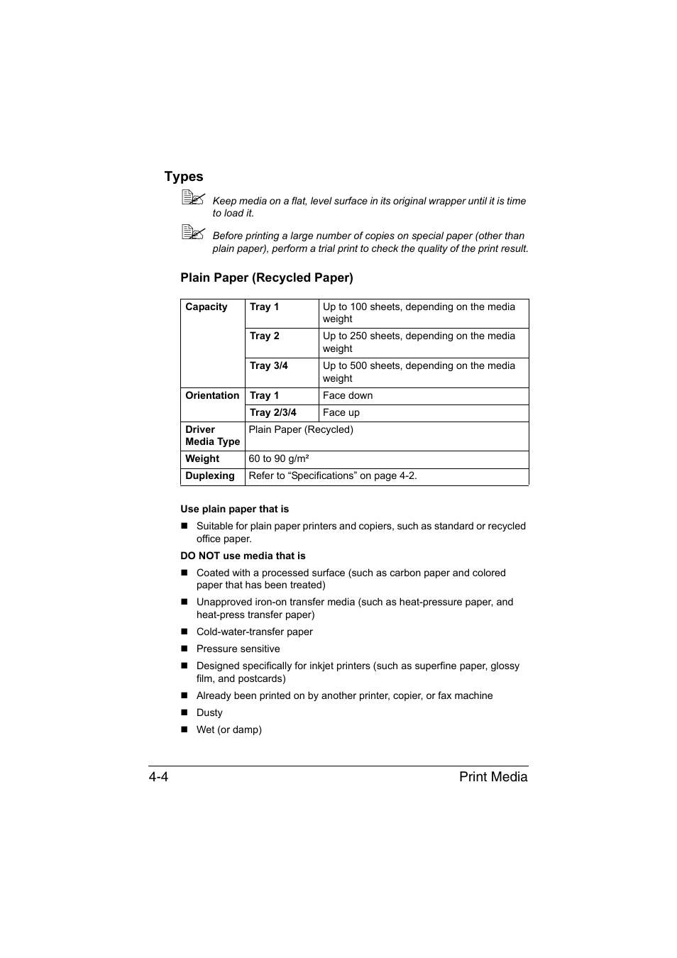 Types, Plain paper (recycled paper), Types -4 | Plain paper (recycled paper) -4, Print media 4-4 types | Konica Minolta bizhub C35 User Manual | Page 129 / 394