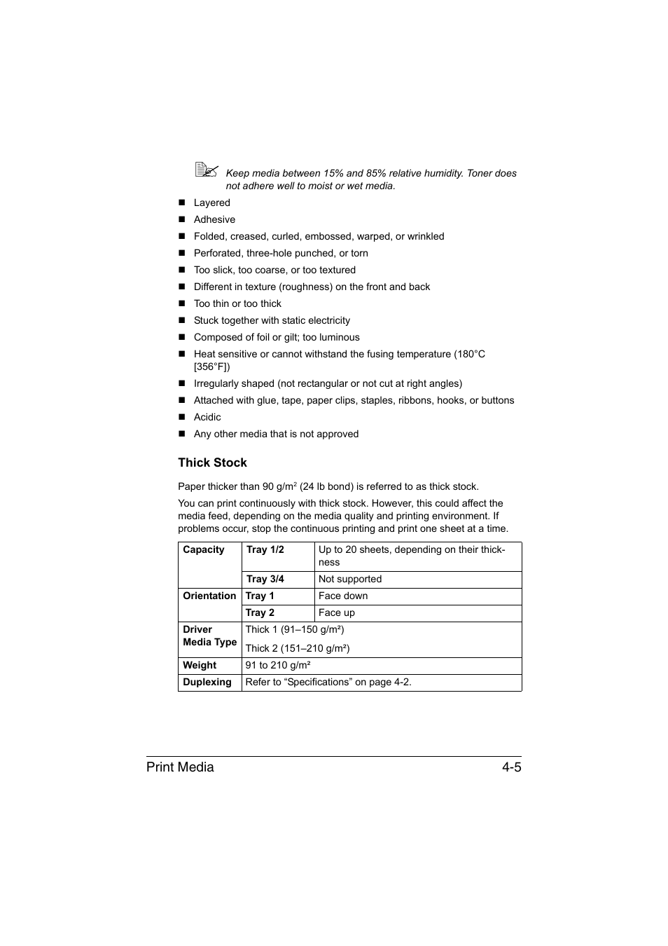 Thick stock, Thick stock -5, Print media 4-5 | Konica Minolta bizhub C35 User Manual | Page 130 / 394