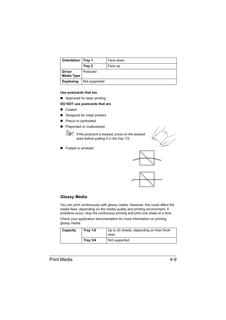 Glossy media, Glossy media -9, Print media 4-9 | Konica Minolta bizhub C35 User Manual | Page 134 / 394
