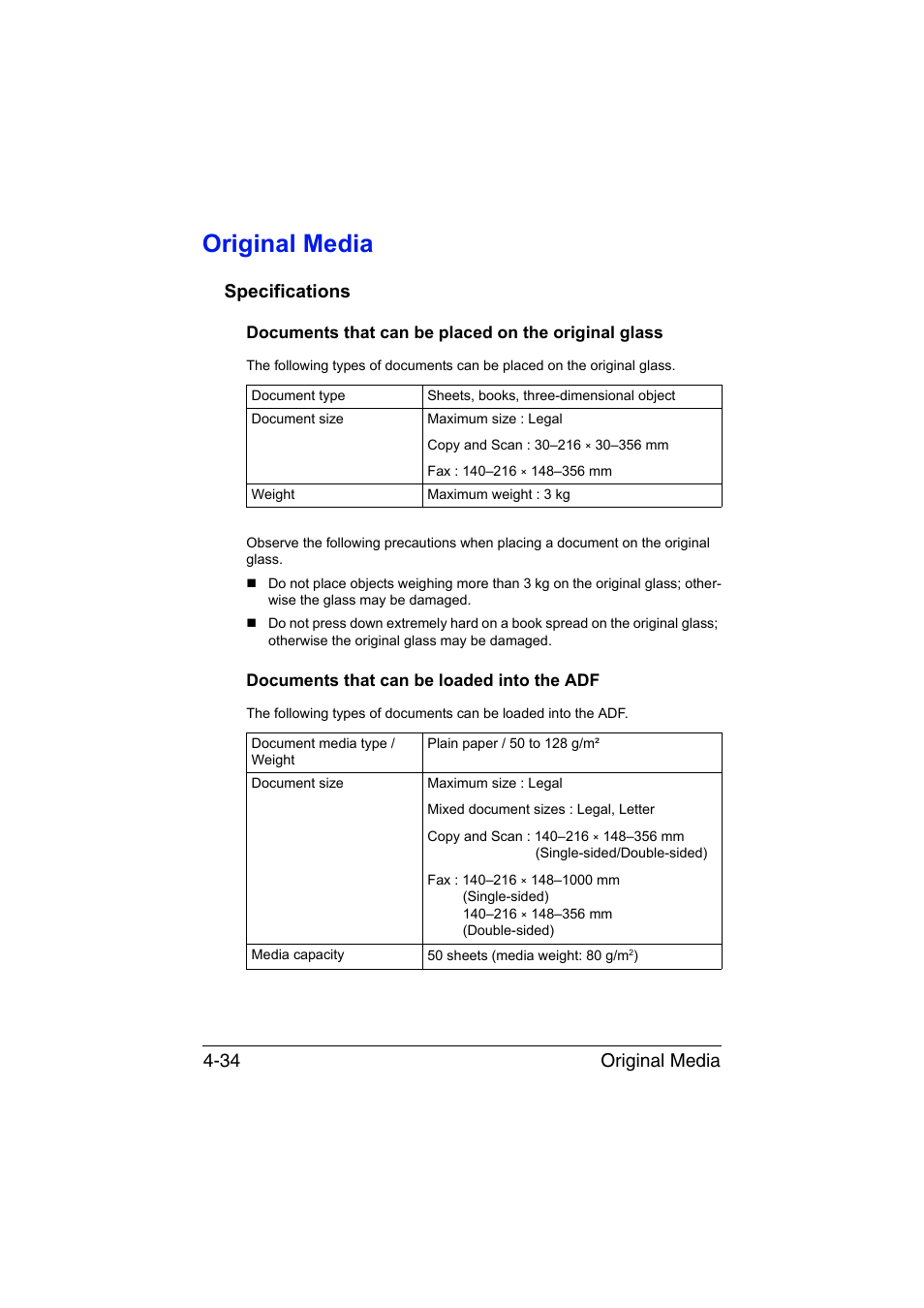 Original media, Specifications, Documents that can be placed on the original glass | Documents that can be loaded into the adf, Original media -34, Specifications -34, Original media 4-34 | Konica Minolta bizhub C35 User Manual | Page 159 / 394