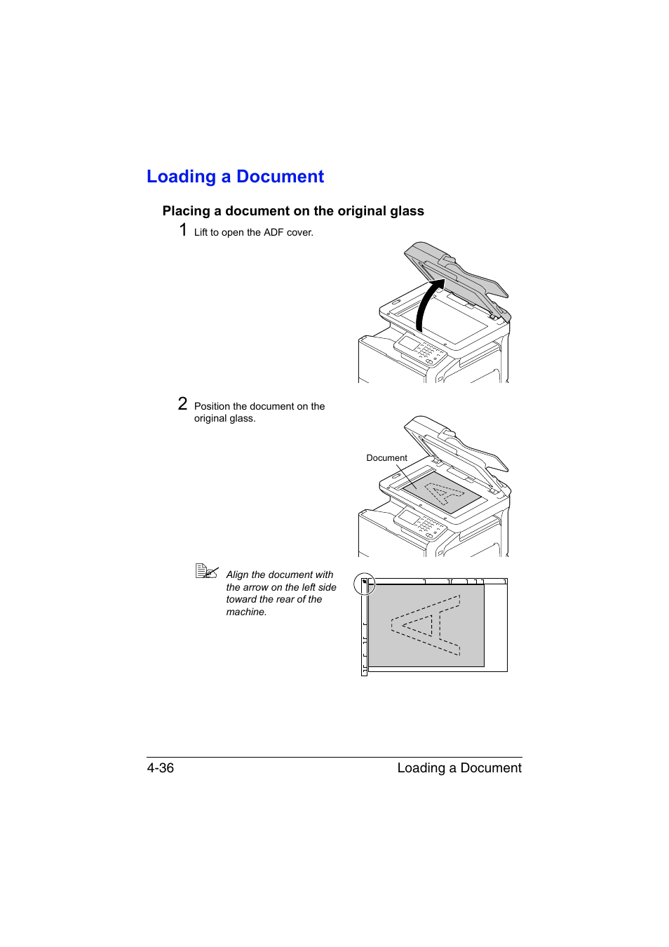 Loading a document, Placing a document on the original glass, Loading a document -36 | Placing a document on the original glass -36 | Konica Minolta bizhub C35 User Manual | Page 161 / 394