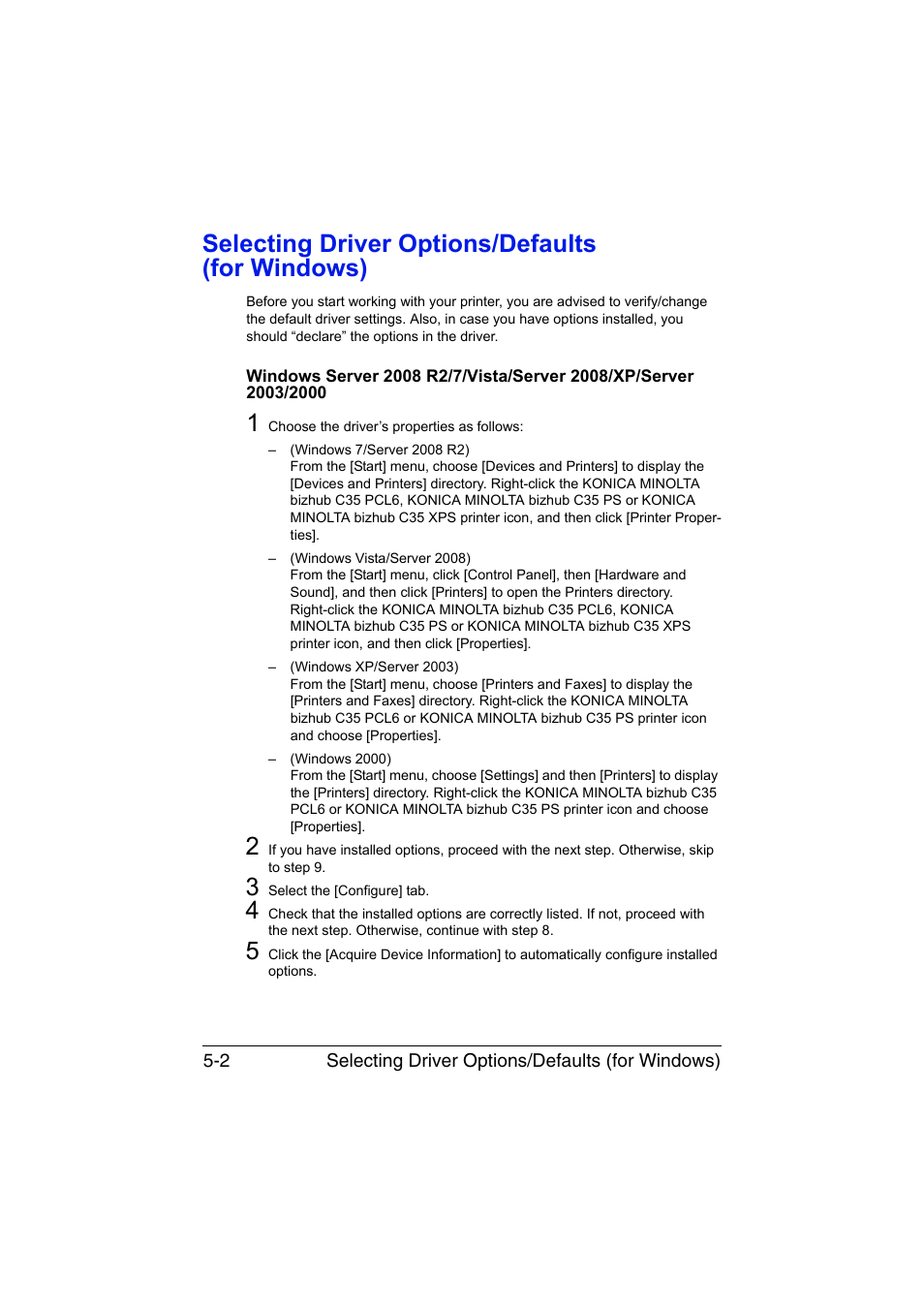 Selecting driver options/defaults (for windows), Selecting driver options/defaults (for windows) -2 | Konica Minolta bizhub C35 User Manual | Page 165 / 394