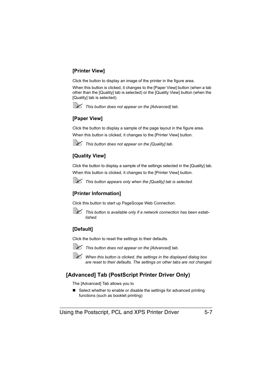 Printer view, Paper view, Quality view | Printer information, Default, Advanced] tab (postscript printer driver only), Advanced] tab (postscript printer driver only) -7 | Konica Minolta bizhub C35 User Manual | Page 170 / 394