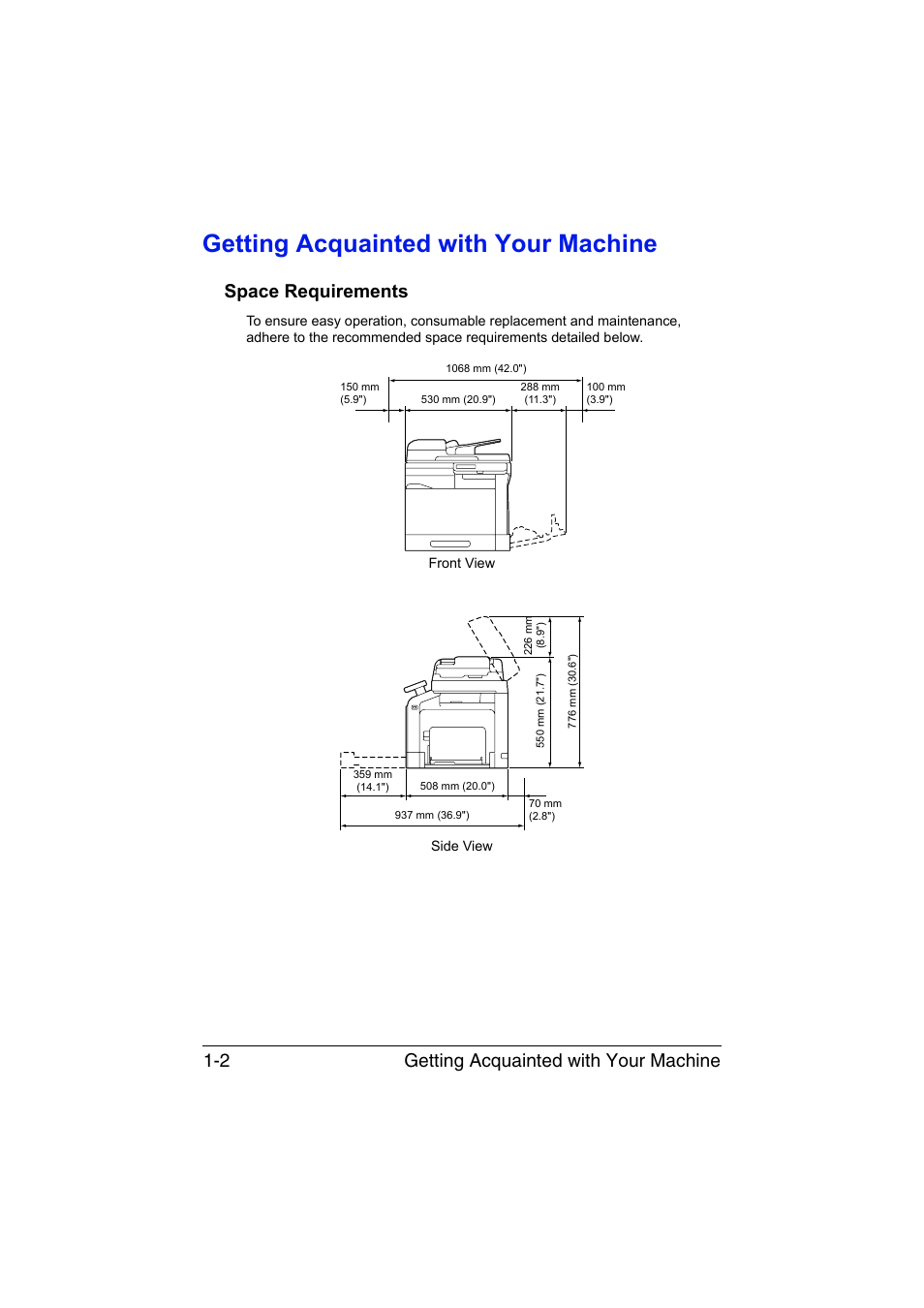 Getting acquainted with your machine, Space requirements, Getting acquainted with your machine -2 | Space requirements -2, Getting acquainted with your machine 1-2 | Konica Minolta bizhub C35 User Manual | Page 19 / 394