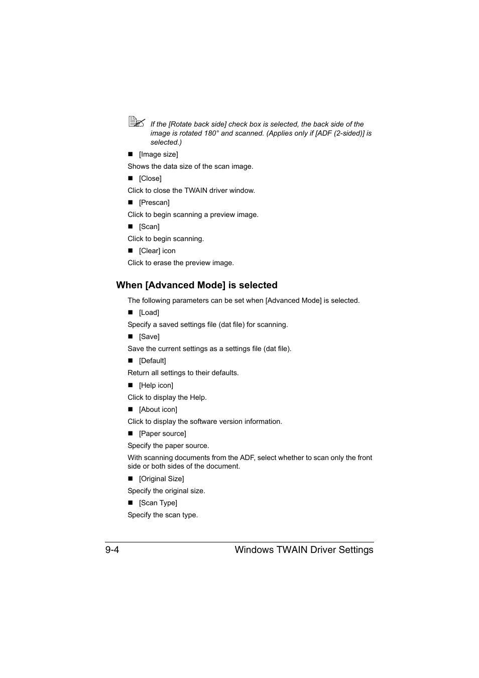 When [advanced mode] is selected, When [advanced mode] is selected -4, Windows twain driver settings 9-4 | Konica Minolta bizhub C35 User Manual | Page 205 / 394