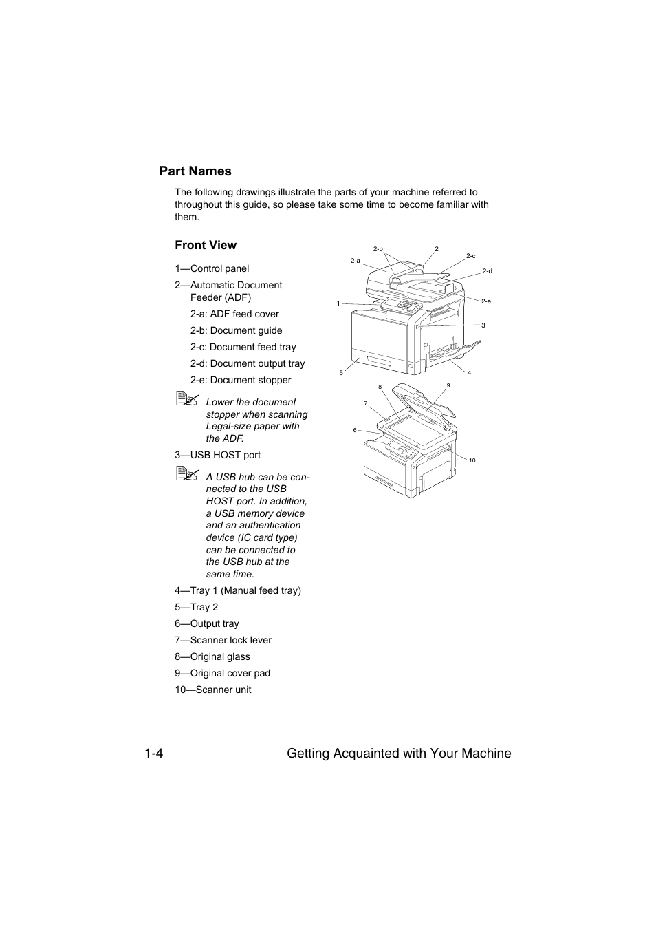 Part names, Front view, Part names -4 | Front view -4 | Konica Minolta bizhub C35 User Manual | Page 21 / 394