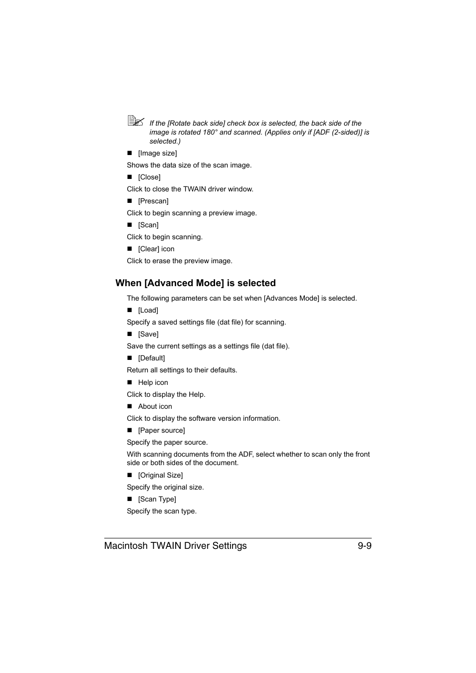 When [advanced mode] is selected, When [advanced mode] is selected -9, Macintosh twain driver settings 9-9 | Konica Minolta bizhub C35 User Manual | Page 210 / 394