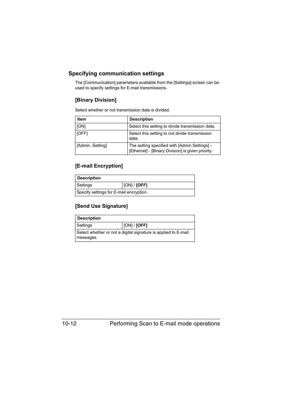 Specifying communication settings, Binary division, E-mail encryption | Send use signature, Specifying communication settings -12 | Konica Minolta bizhub C35 User Manual | Page 227 / 394