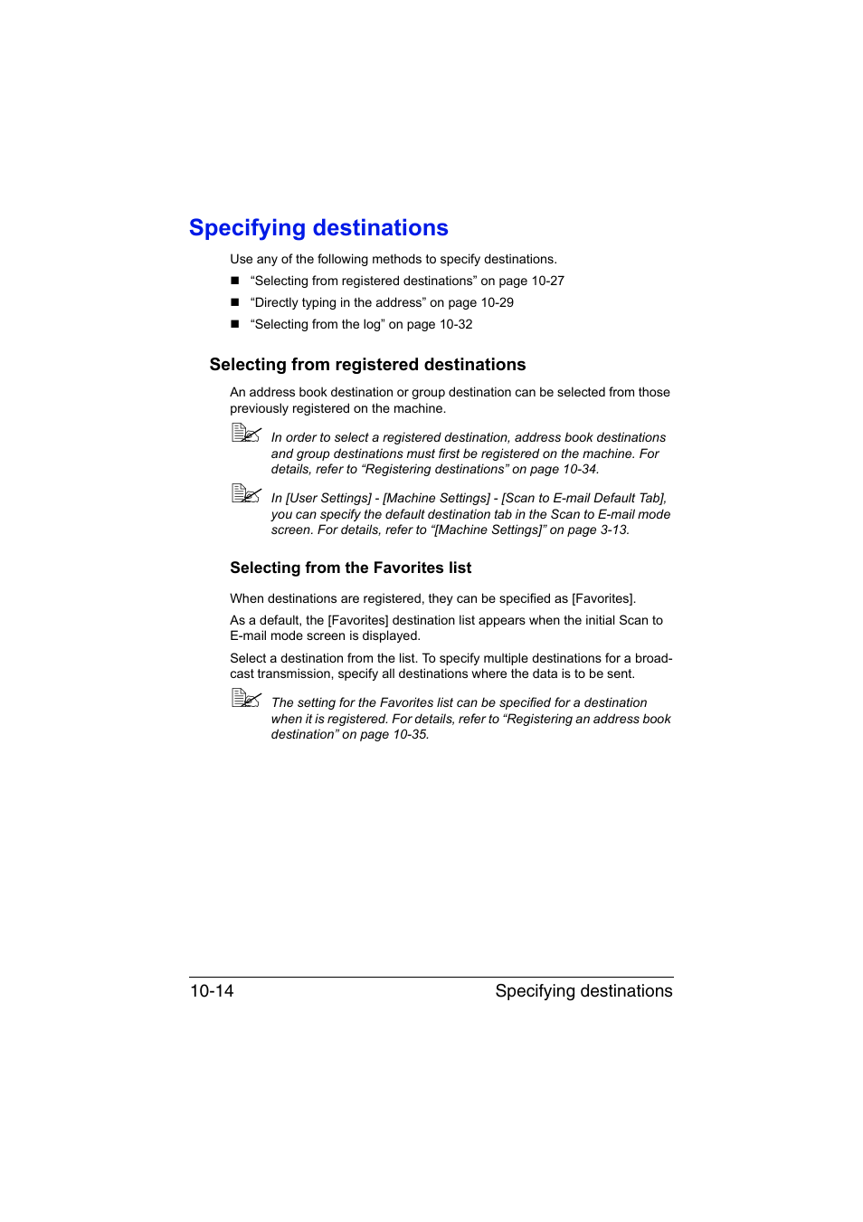 Specifying destinations, Selecting from registered destinations, Selecting from the favorites list | Specifying destinations -14, Selecting from registered destinations -14, Selecting from the favorites list -14, To “specifying destina | Konica Minolta bizhub C35 User Manual | Page 229 / 394