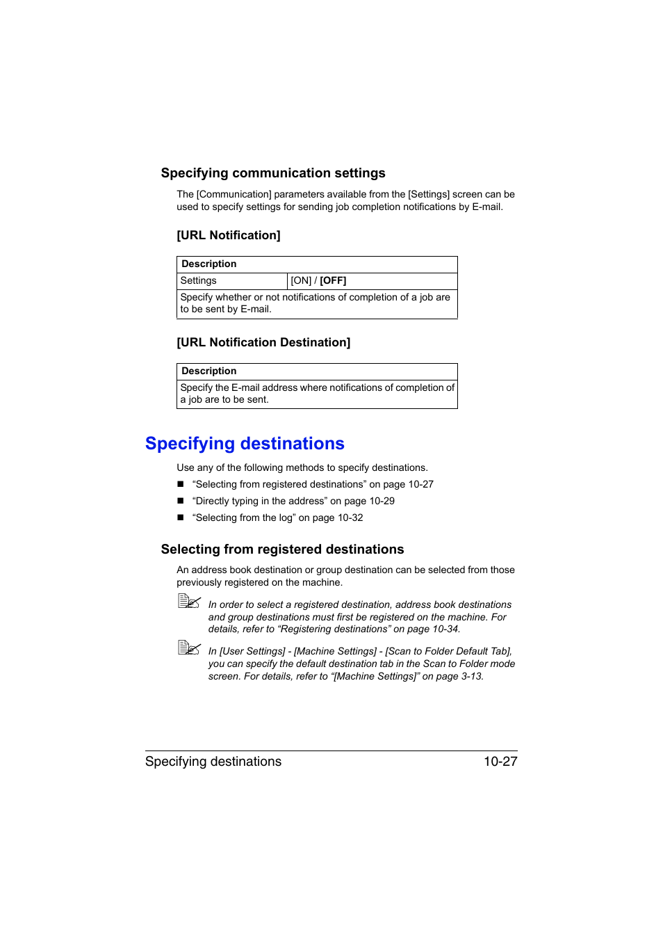 Specifying communication settings, Url notification, Url notification destination | Specifying destinations, Selecting from registered destinations, Specifying communication settings -27, Specifying destinations -27, Selecting from registered destinations -27, To “specifying destina | Konica Minolta bizhub C35 User Manual | Page 242 / 394