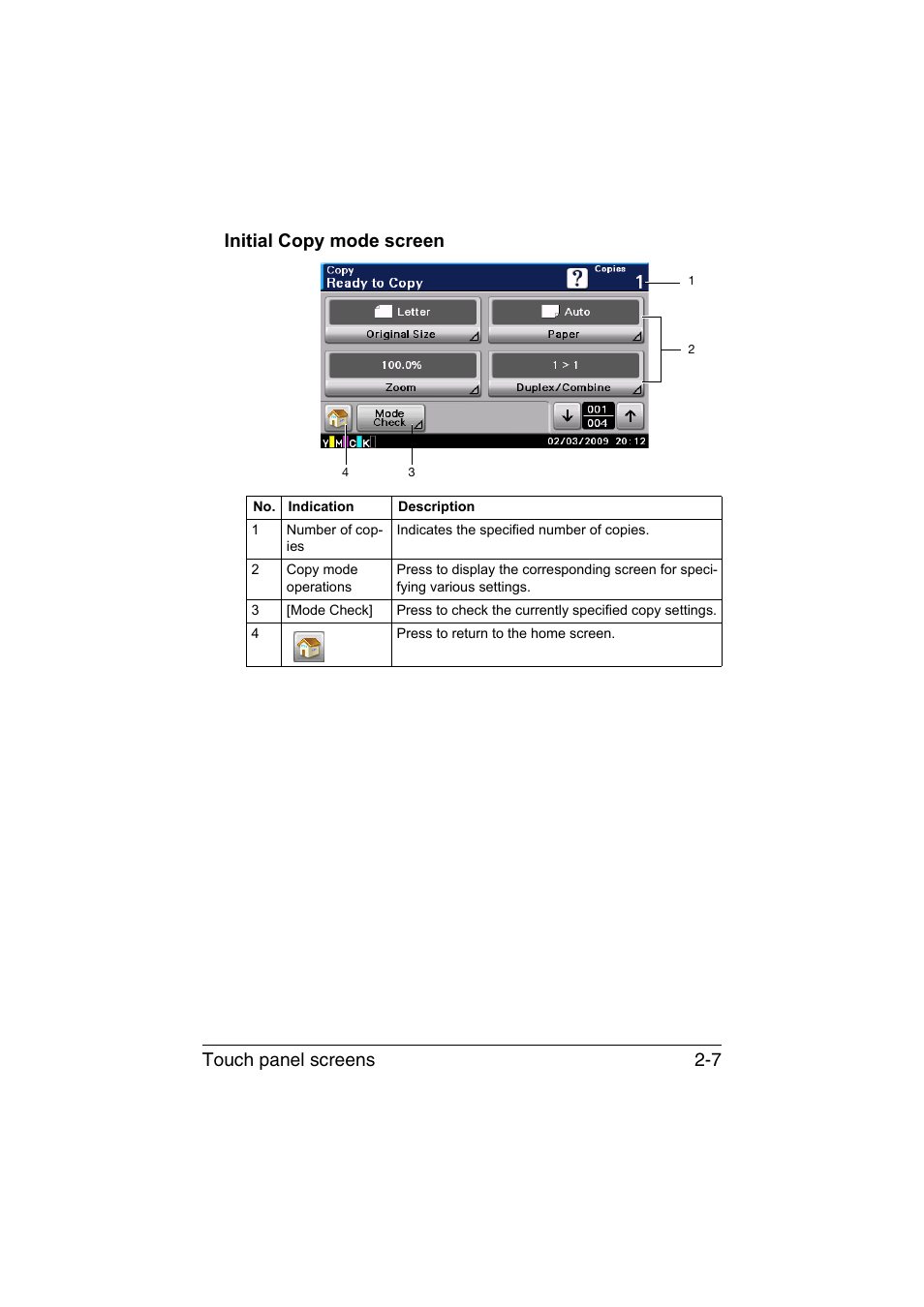 Initial copy mode screen, Initial copy mode screen -7, Touch panel screens 2-7 initial copy mode screen | Konica Minolta bizhub C35 User Manual | Page 38 / 394