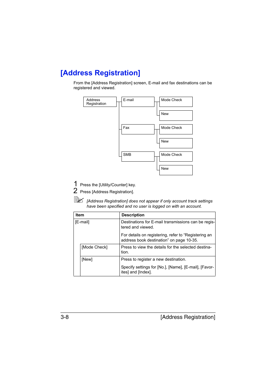 Address registration, Address registration] -8, Address registration] 3-8 | Konica Minolta bizhub C35 User Manual | Page 55 / 394