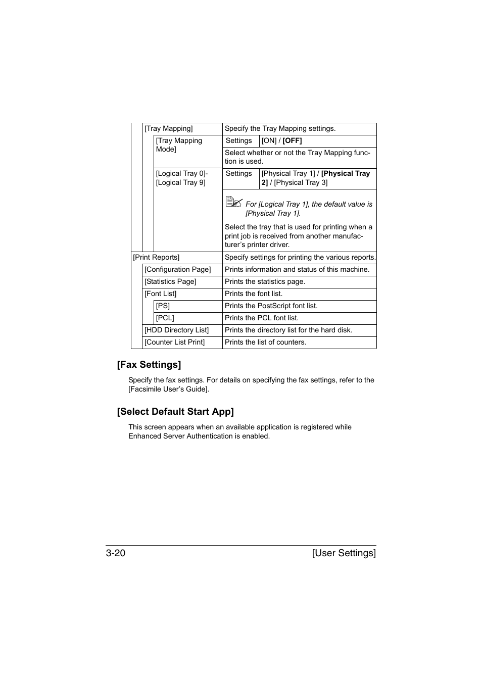 Fax settings, Select default start app, Fax settings] -20 [select default start app] -20 | User settings] 3-20 [fax settings | Konica Minolta bizhub C35 User Manual | Page 67 / 394