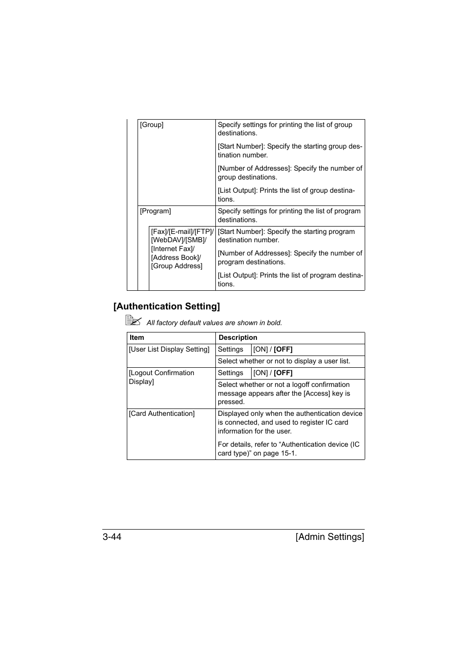Authentication setting, Authentication setting] -44, Admin settings] 3-44 [authentication setting | Konica Minolta bizhub C35 User Manual | Page 91 / 394