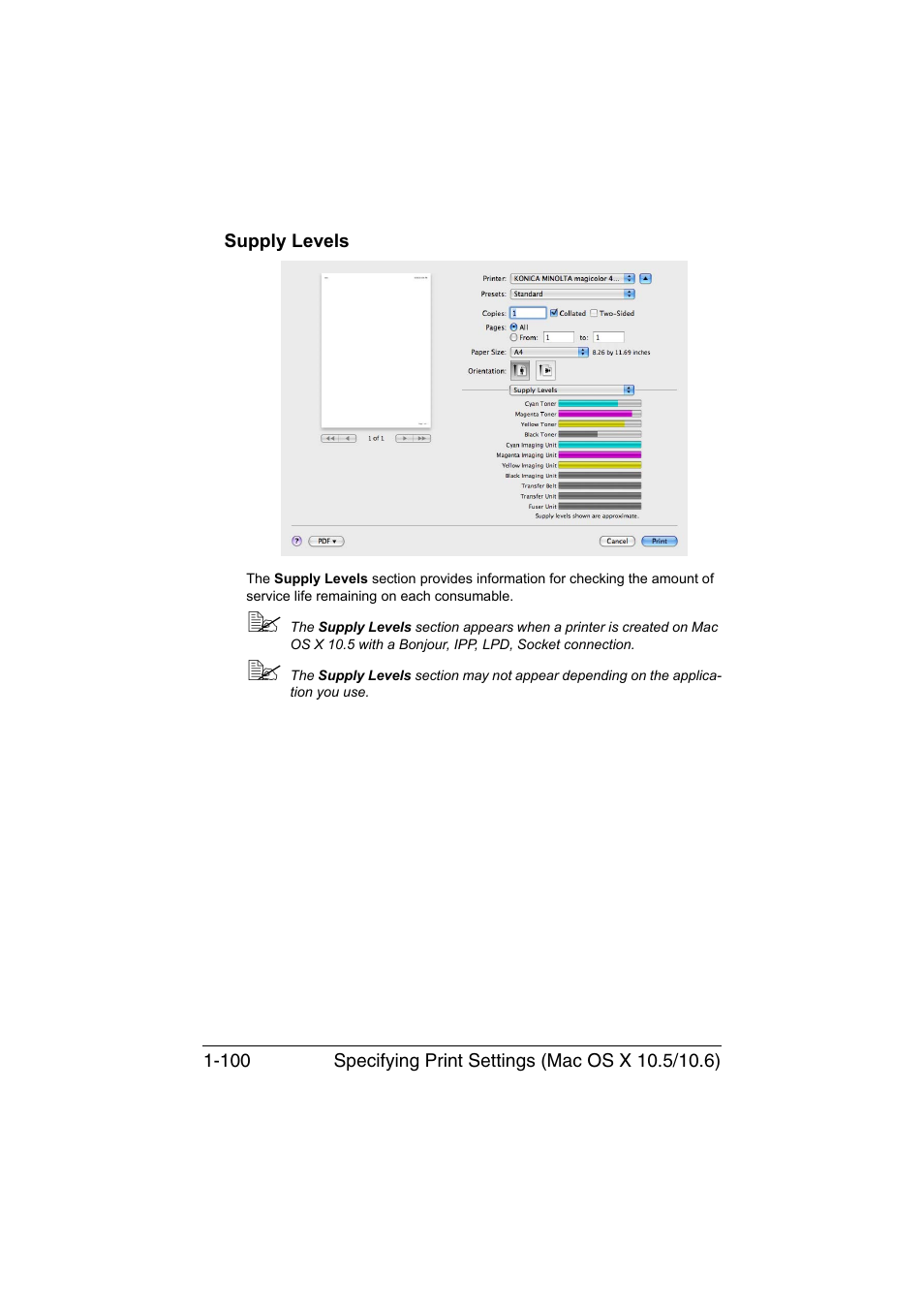Supply levels, Supply levels -100 | Konica Minolta magicolor 4750EN-4750DN User Manual | Page 125 / 409