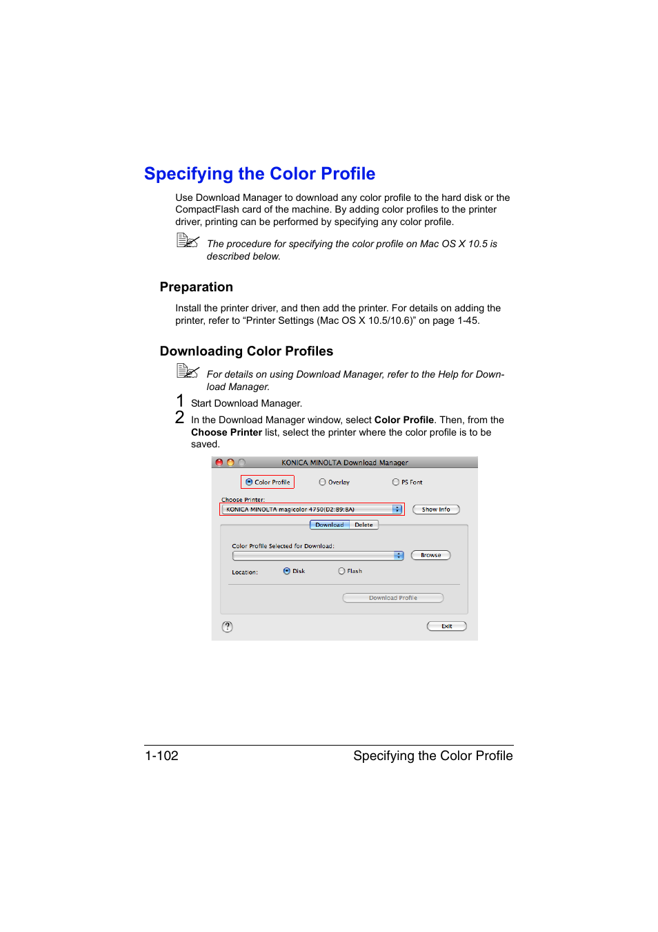 Specifying the color profile, Preparation, Downloading color profiles | Specifying the color profile -102, Preparation -102 downloading color profiles -102 | Konica Minolta magicolor 4750EN-4750DN User Manual | Page 127 / 409