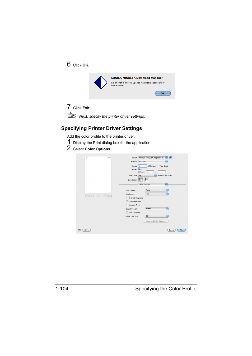 Specifying printer driver settings, Specifying printer driver settings -104 | Konica Minolta magicolor 4750EN-4750DN User Manual | Page 129 / 409