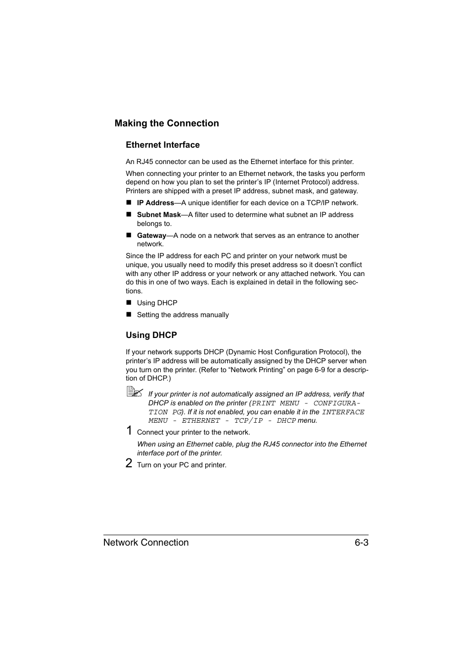 Making the connection, Ethernet interface, Using dhcp | Making the connection -3, Ethernet interface -3 using dhcp -3 | Konica Minolta magicolor 4750EN-4750DN User Manual | Page 182 / 409