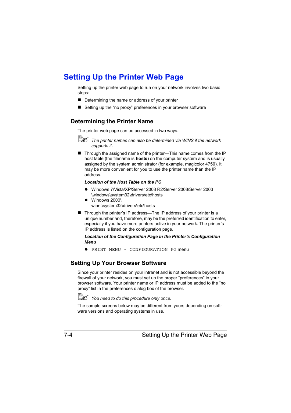 Determining the printer name, Setting up your browser software, Setting up the printer web page | Konica Minolta magicolor 4750EN-4750DN User Manual | Page 223 / 409