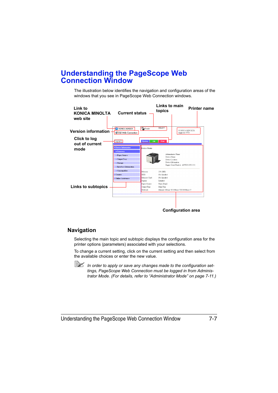 Navigation, Navigation -7, Understanding the pagescope web connection window | Konica Minolta magicolor 4750EN-4750DN User Manual | Page 226 / 409