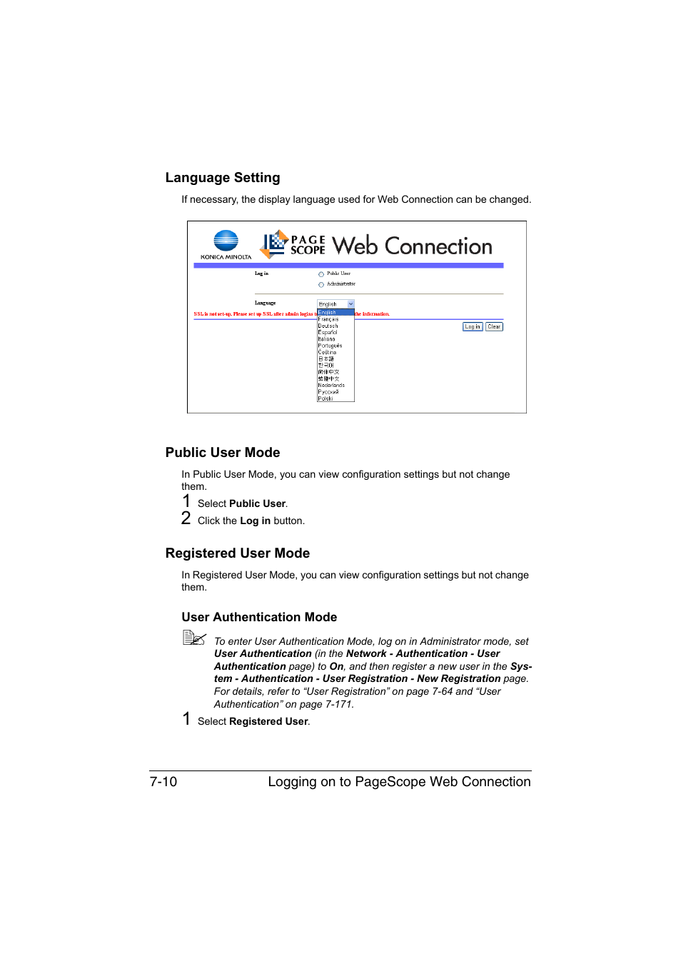 Language setting, Public user mode, Registered user mode | User authentication mode, User authentication mode -10 | Konica Minolta magicolor 4750EN-4750DN User Manual | Page 229 / 409