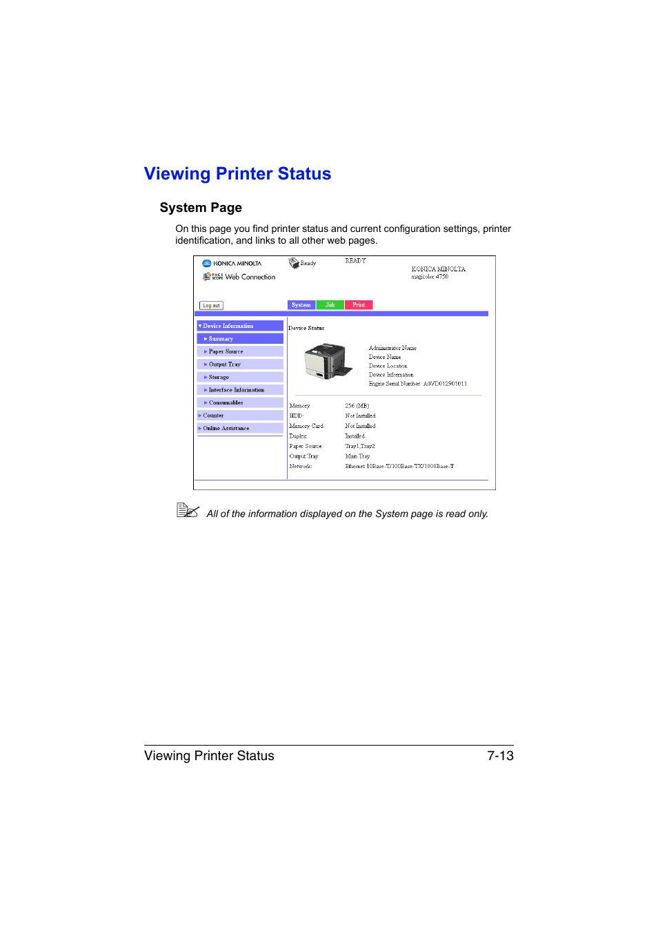 Viewing printer status, Viewing printer status -13 | Konica Minolta magicolor 4750EN-4750DN User Manual | Page 232 / 409