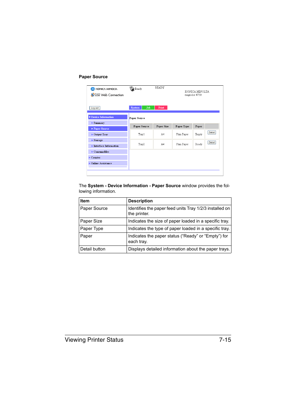 Viewing printer status 7-15 | Konica Minolta magicolor 4750EN-4750DN User Manual | Page 234 / 409