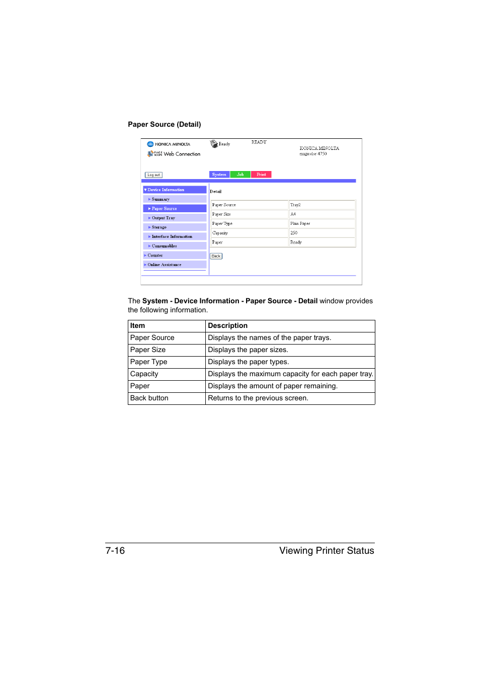 Viewing printer status 7-16 | Konica Minolta magicolor 4750EN-4750DN User Manual | Page 235 / 409