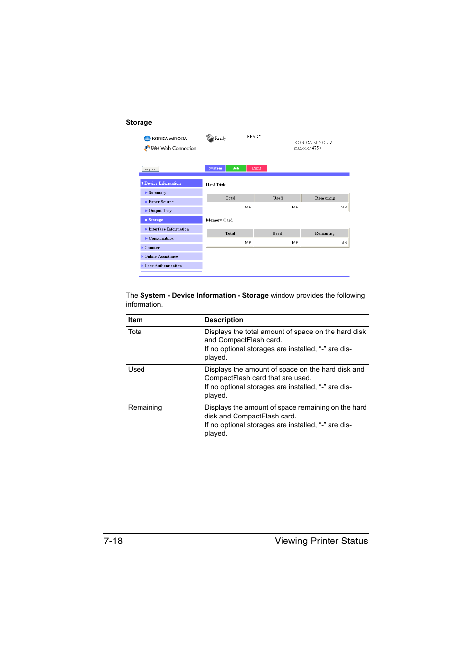 Viewing printer status 7-18 | Konica Minolta magicolor 4750EN-4750DN User Manual | Page 237 / 409