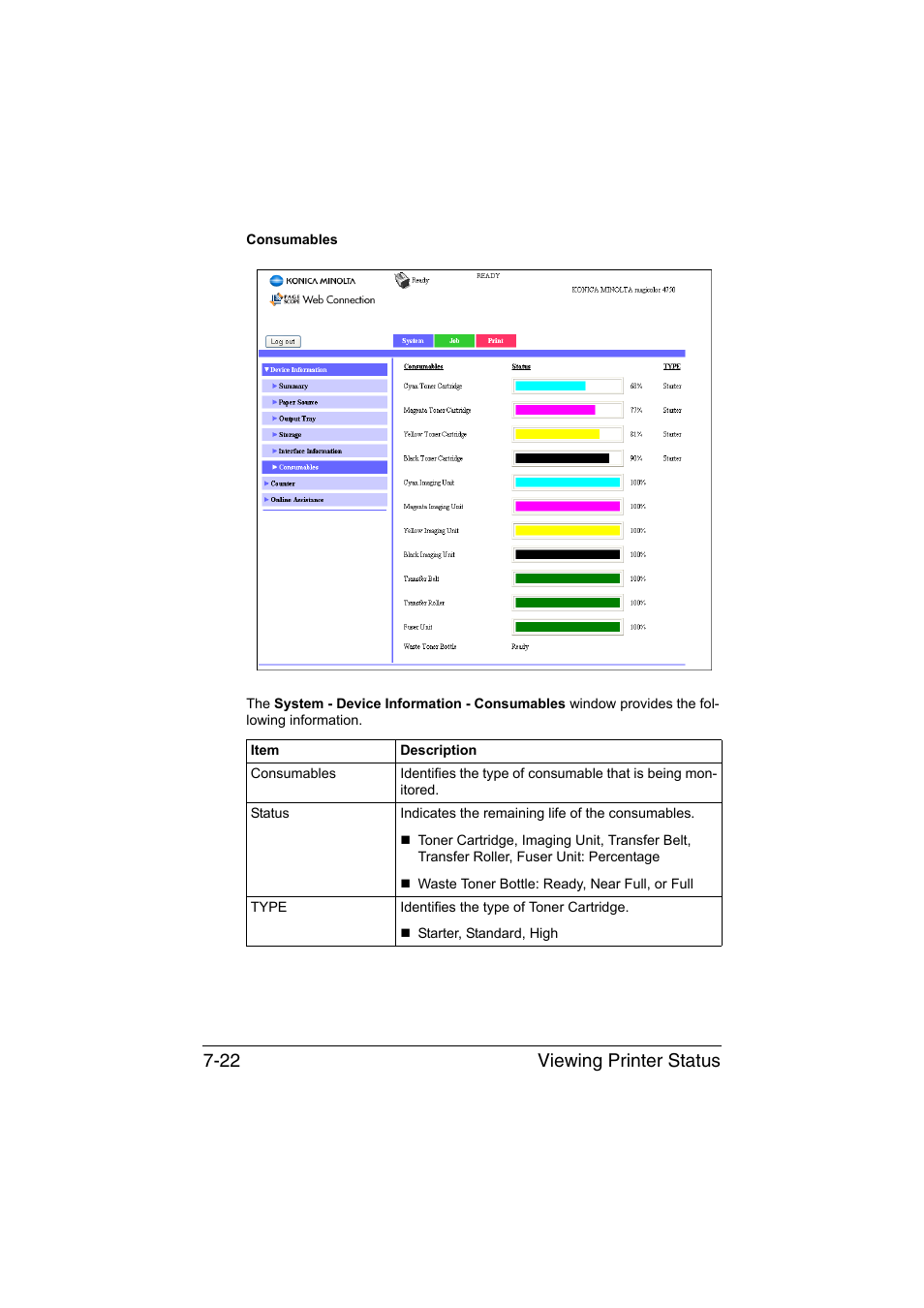 Viewing printer status 7-22 | Konica Minolta magicolor 4750EN-4750DN User Manual | Page 241 / 409