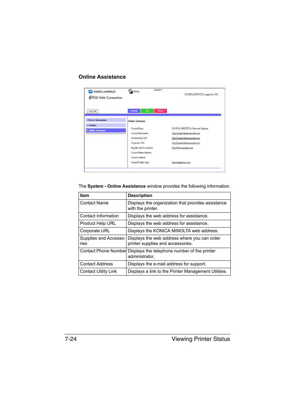 Online assistance, Online assistance -24, Viewing printer status 7-24 | Konica Minolta magicolor 4750EN-4750DN User Manual | Page 243 / 409