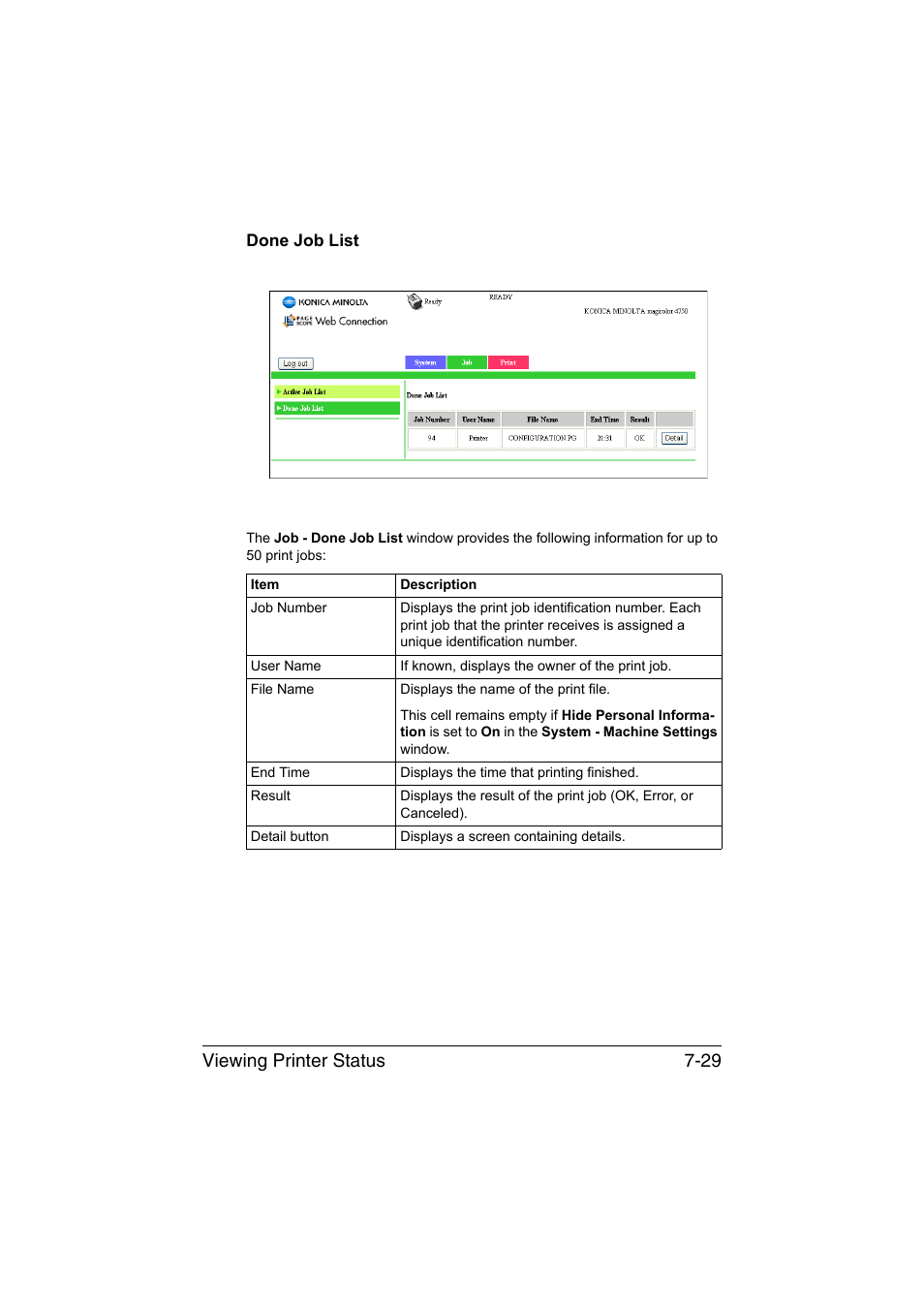 Done job list, Done job list -29, Viewing printer status 7-29 | Konica Minolta magicolor 4750EN-4750DN User Manual | Page 248 / 409